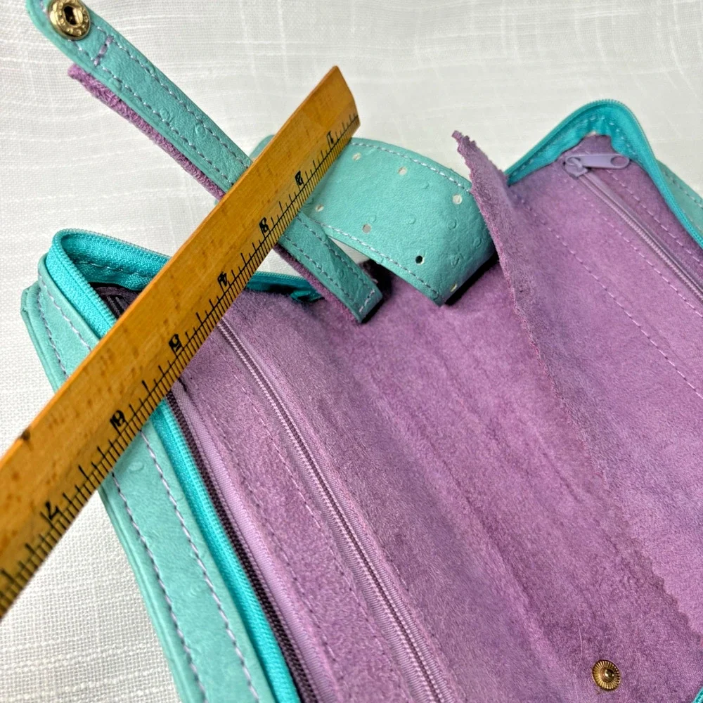 Reed and Barton Faux Ostrich Travel Jewelry Case, Turquoise Blue and Purple Soft